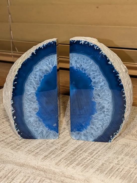 Pair Of Agate Geodes Bookends or Design Pieces Cobalt Blue + Tiny Druzy Pockets - Picture 10 of 13